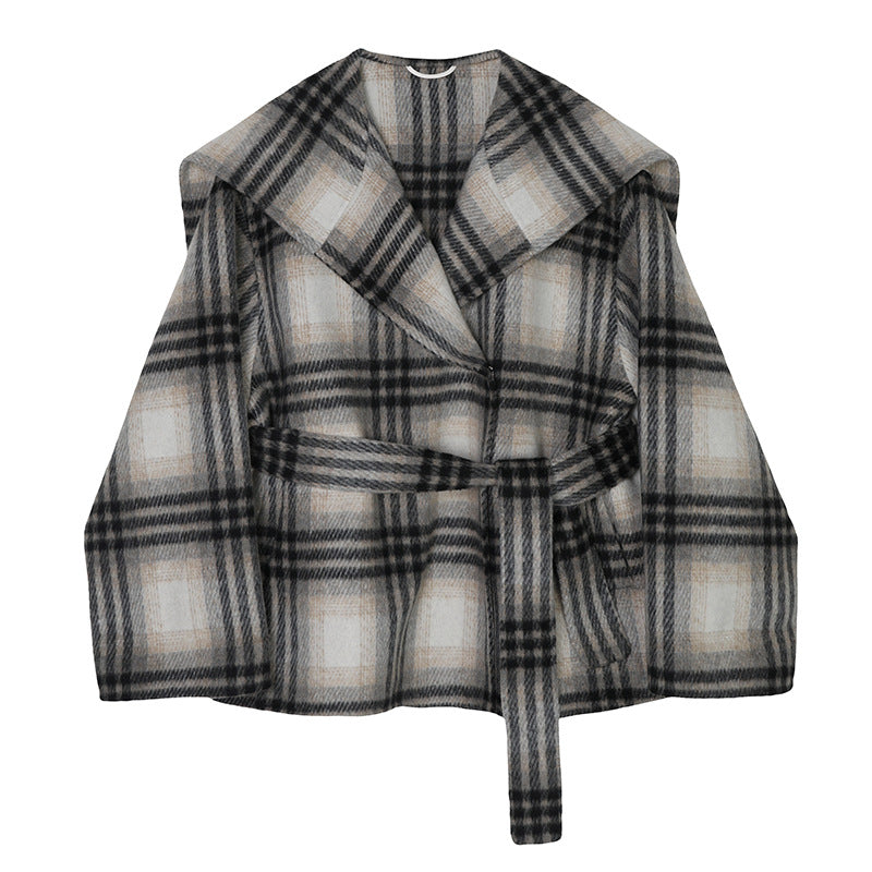 Grid patterned double-sided woolen coat