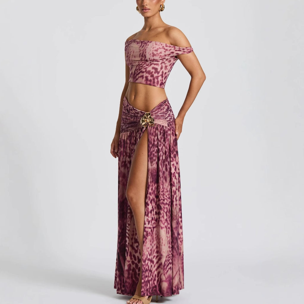 Printed off-shoulder top with flared skirt set