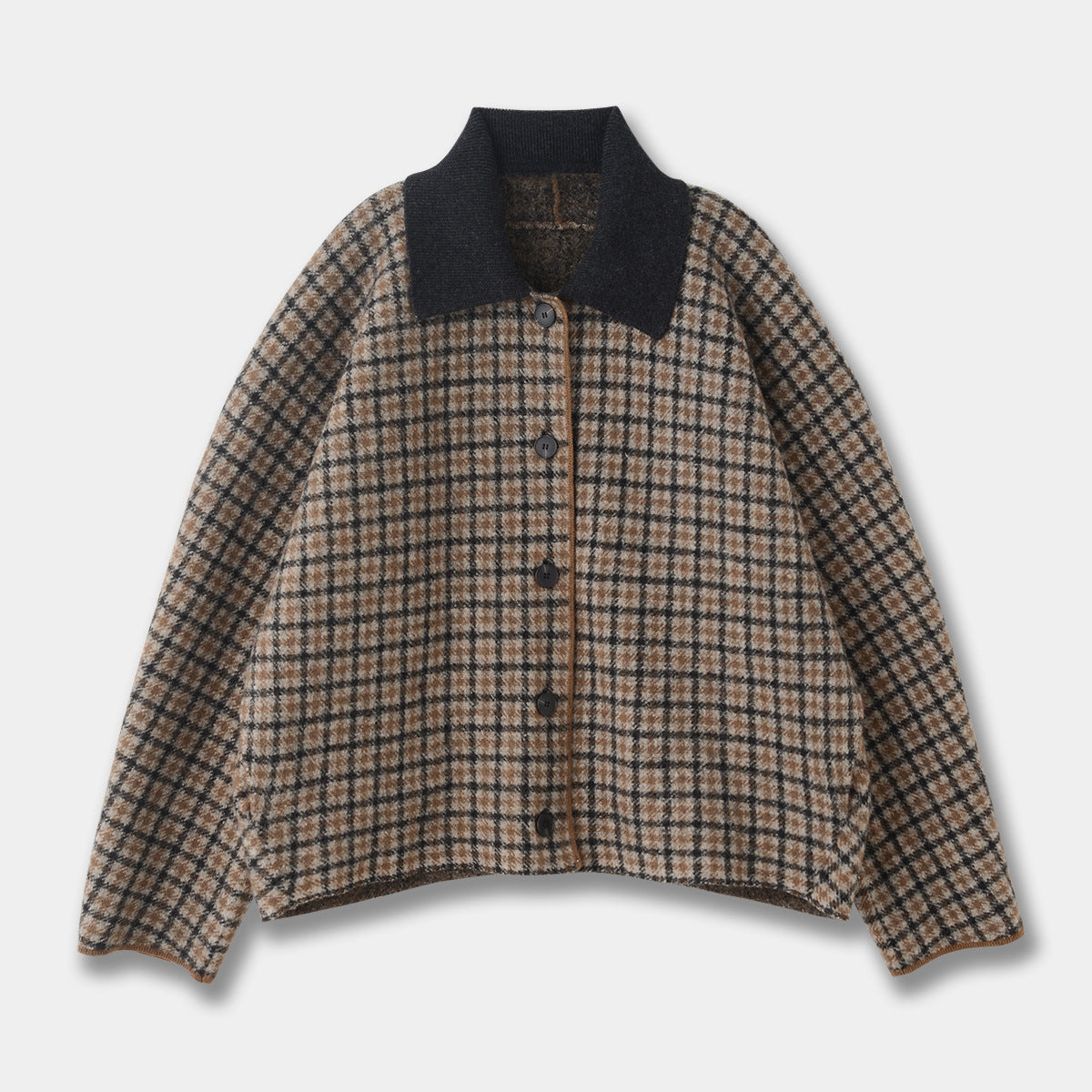 Wool Knit Plaid Set Brown Jacket Mini Skirt Women