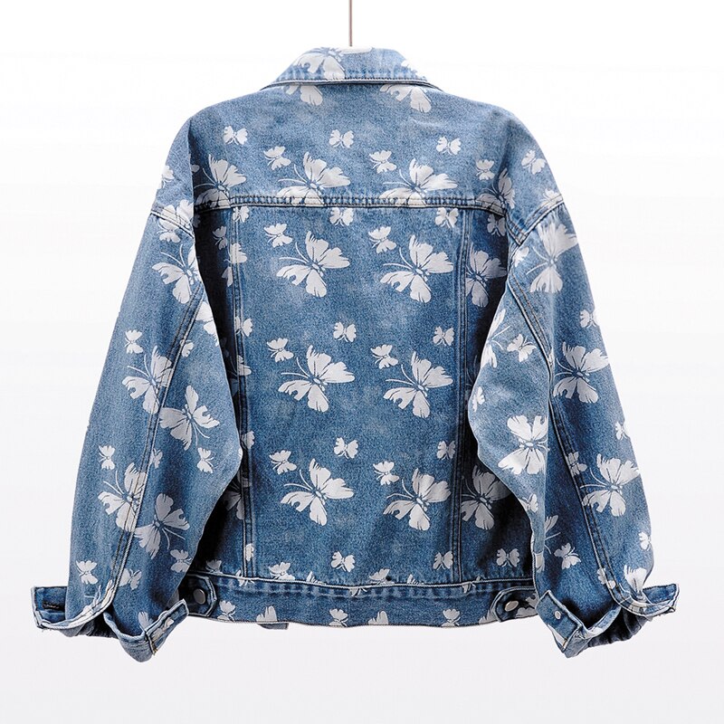 Spring Korean Butterfly Print Denim Jacket