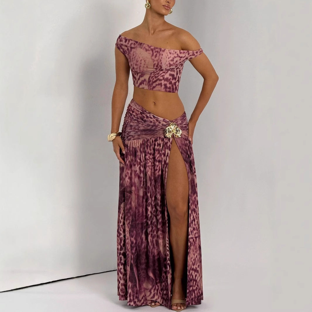 Printed off-shoulder top with flared skirt set