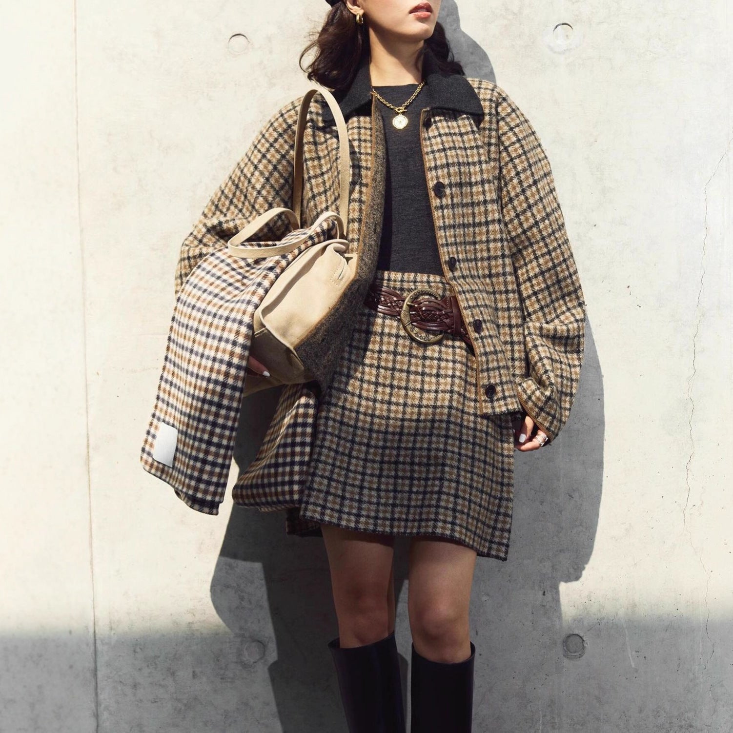 Wool Knit Plaid Set Brown Jacket Mini Skirt Women