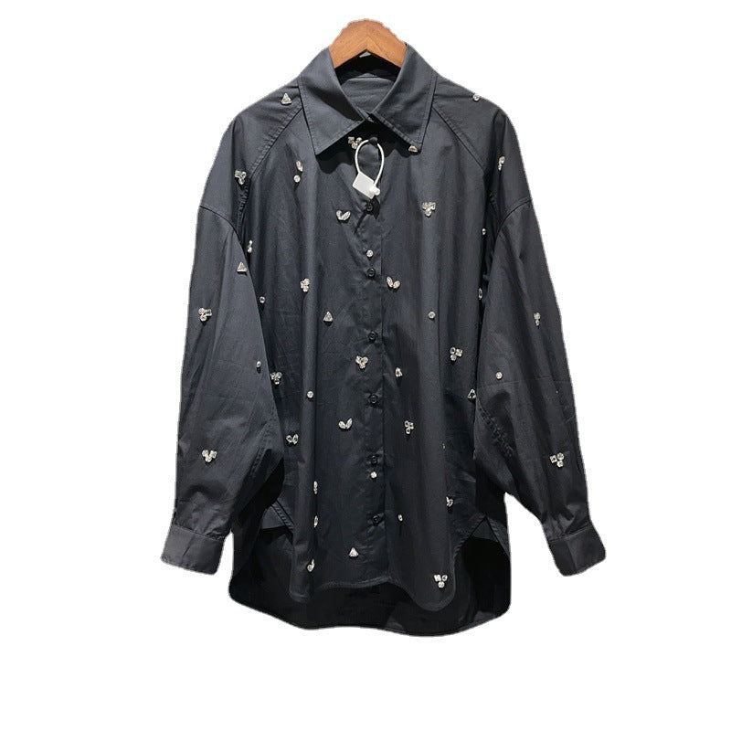 Sewn rhinestone loose shirt shorts