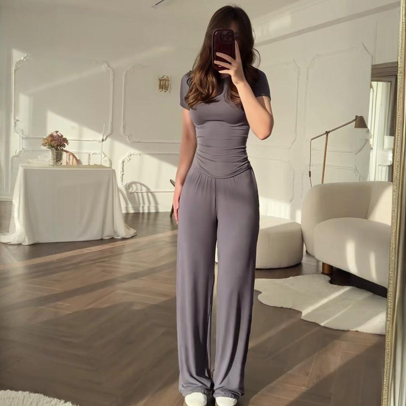 Fashionable Style Round Neck Solid Color Wide Leg Pants Elegant Commute Fashion Set