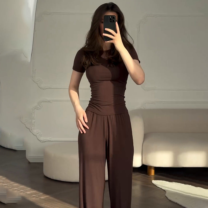 Fashionable Style Round Neck Solid Color Wide Leg Pants Elegant Commute Fashion Set