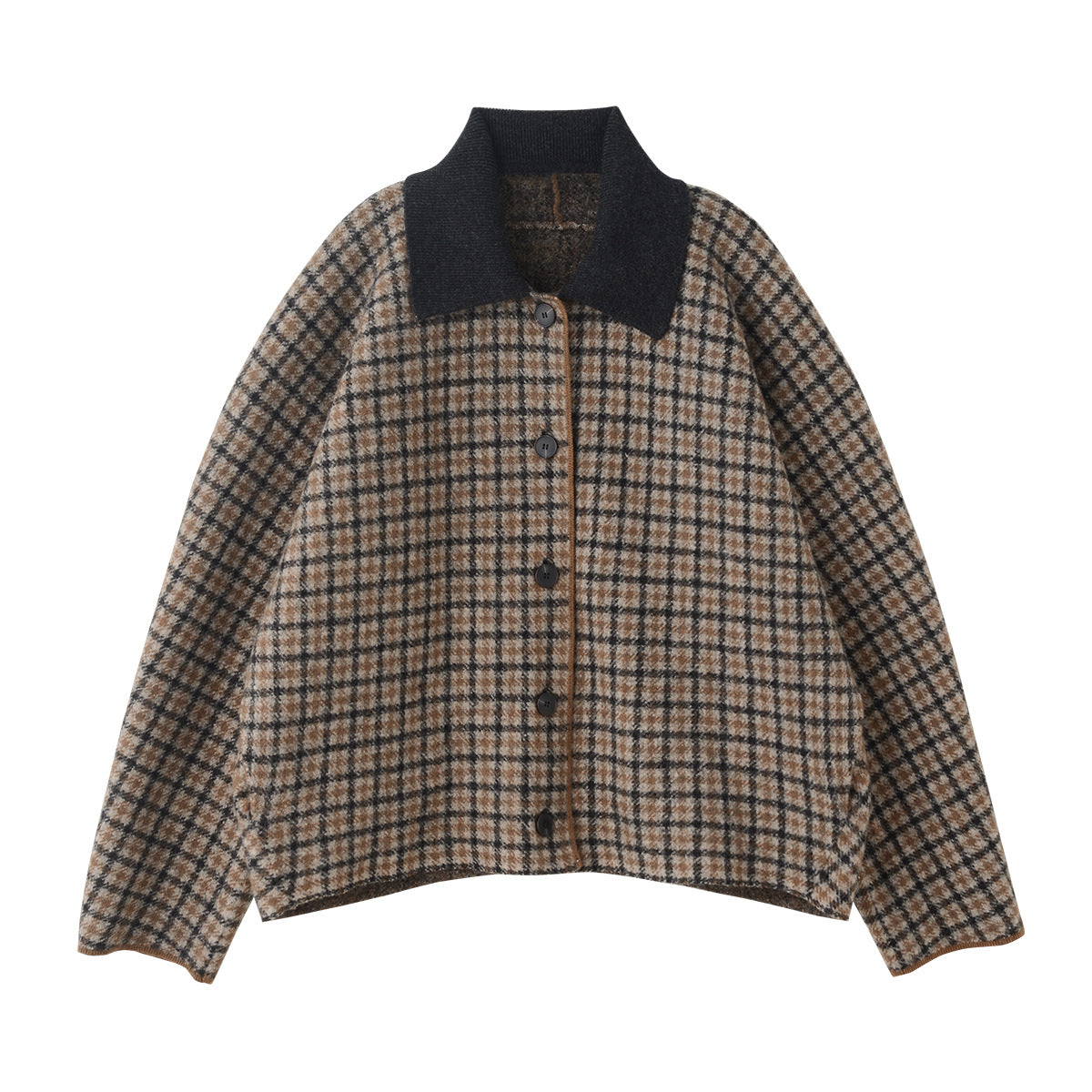 Wool Knit Plaid Set Brown Jacket Mini Skirt Women