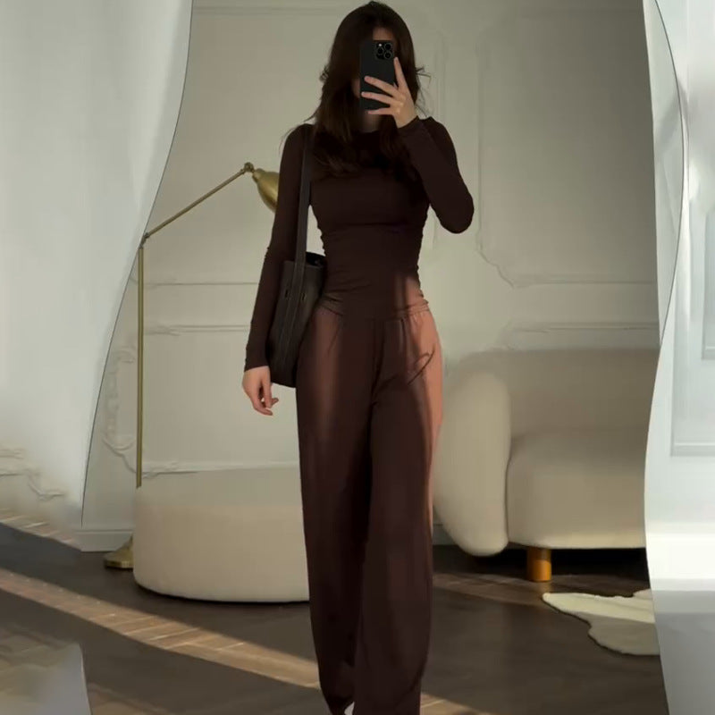 Fashionable Style Round Neck Solid Color Wide Leg Pants Elegant Commute Fashion Set