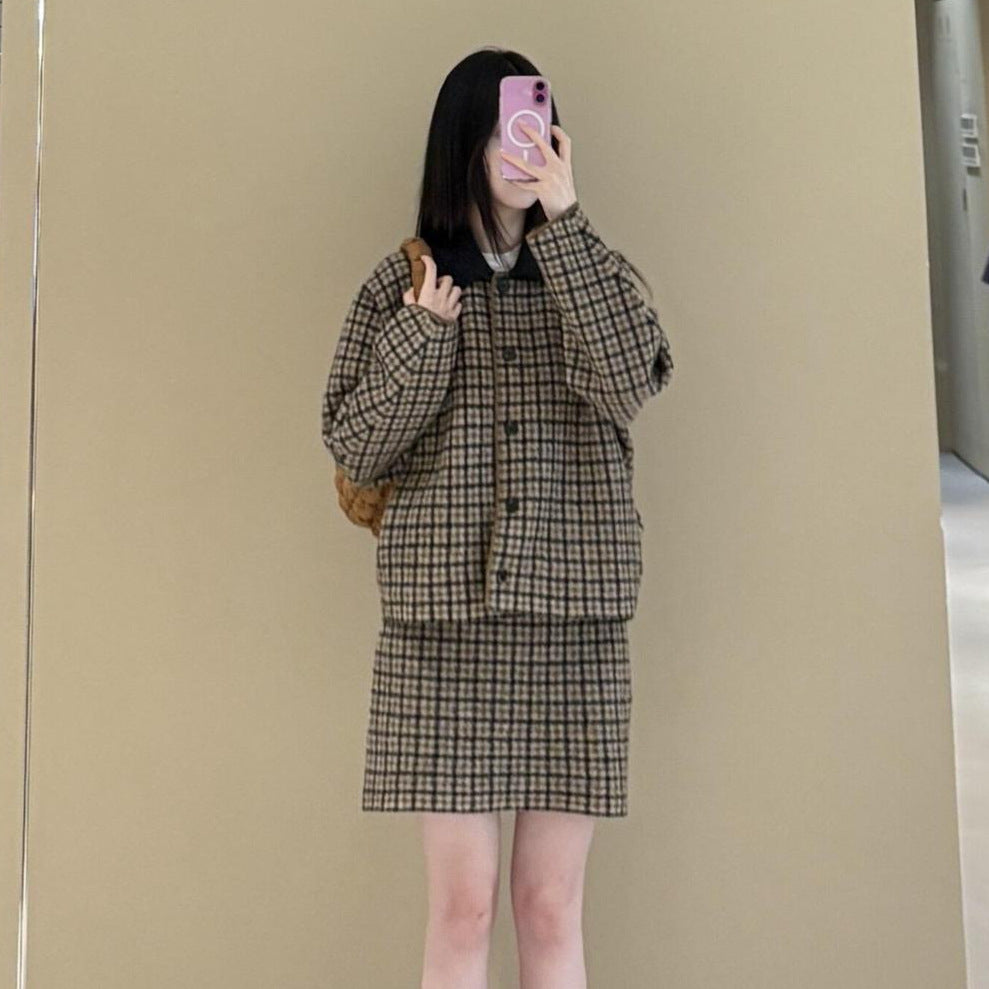 Wool Knit Plaid Set Brown Jacket Mini Skirt Women