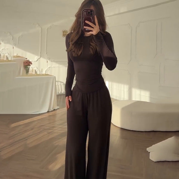 Fashionable Style Round Neck Solid Color Wide Leg Pants Elegant Commute Fashion Set