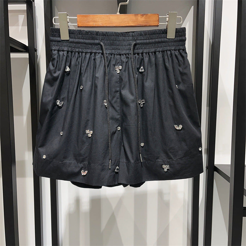 Sewn rhinestone loose shirt shorts