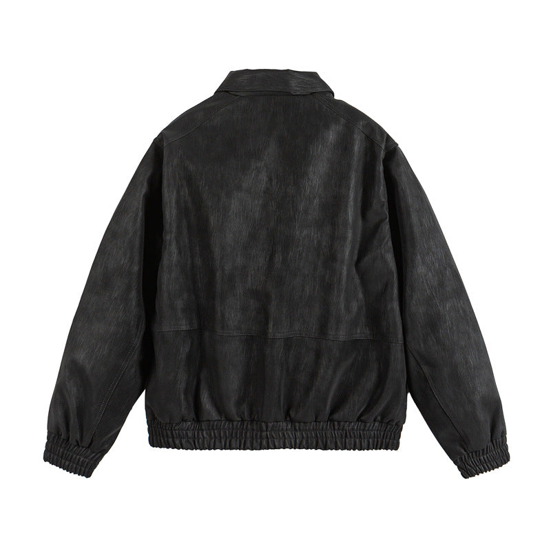 Solid Color Simple Large Pocket Couple Loose Versatile PU Leather Jacket