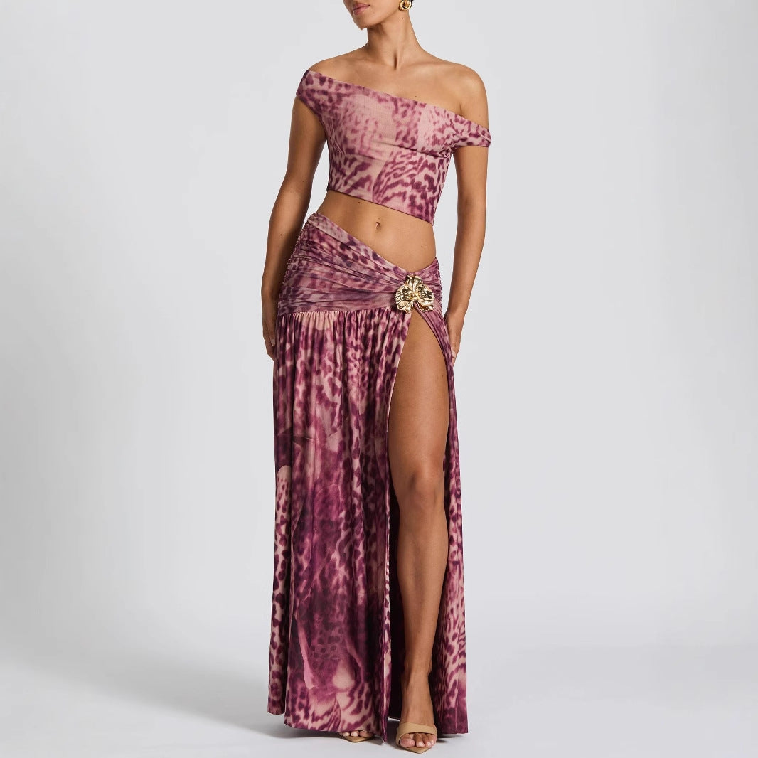 Printed off-shoulder top with flared skirt set