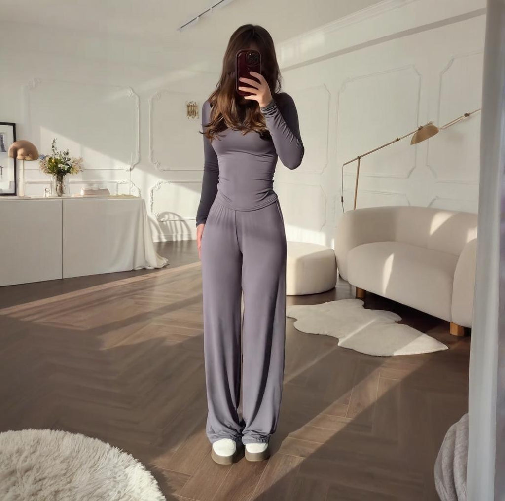 Fashionable Style Round Neck Solid Color Wide Leg Pants Elegant Commute Fashion Set