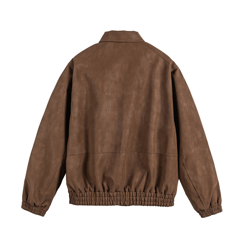 Solid Color Simple Large Pocket Couple Loose Versatile PU Leather Jacket