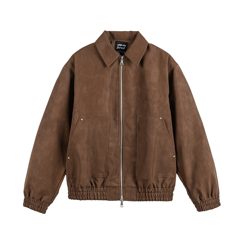 Solid Color Simple Large Pocket Couple Loose Versatile PU Leather Jacket