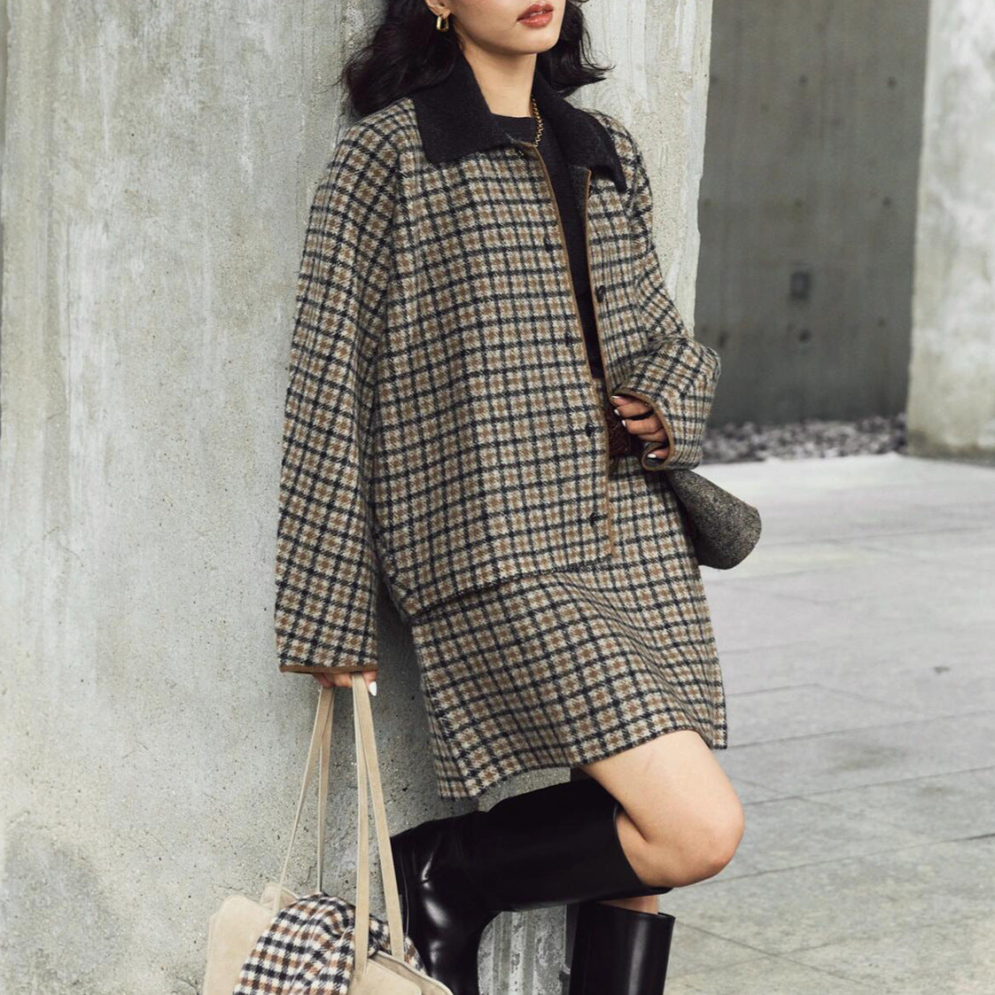 Wool Knit Plaid Set Brown Jacket Mini Skirt Women