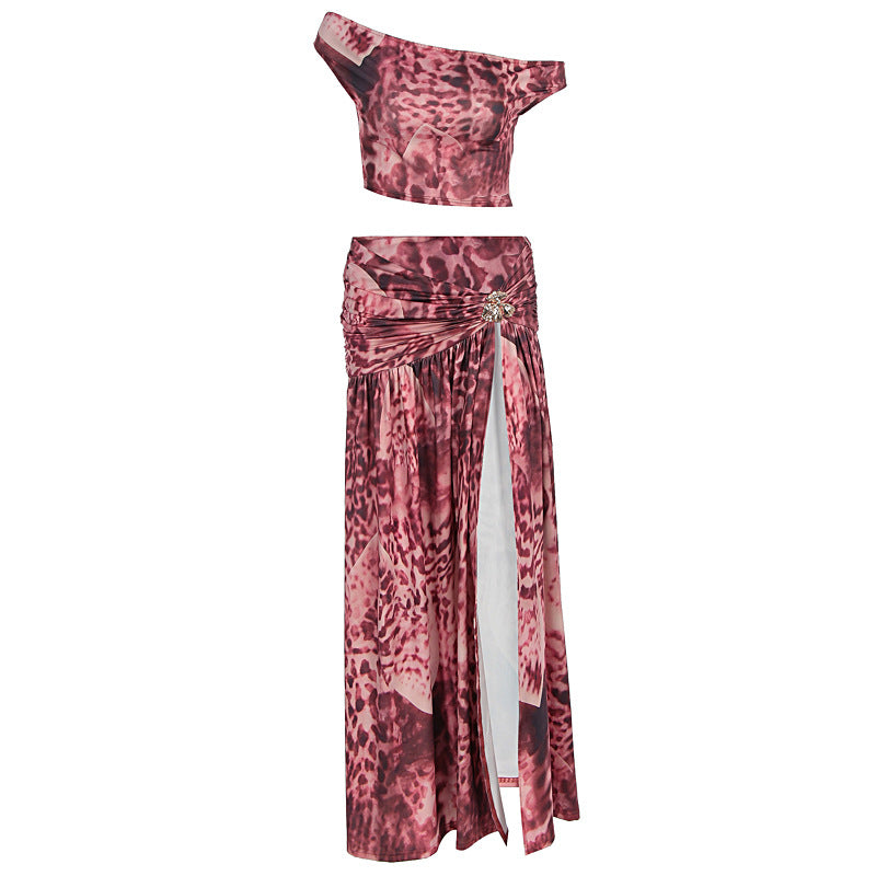 Printed off-shoulder top with flared skirt set