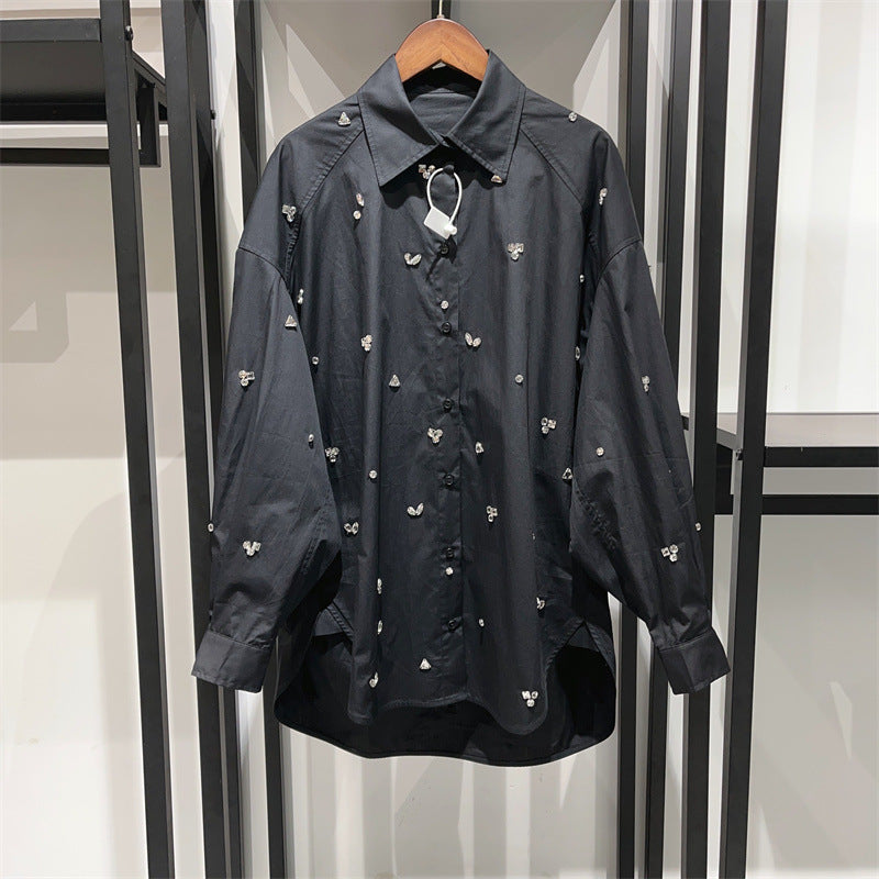 Sewn rhinestone loose shirt shorts