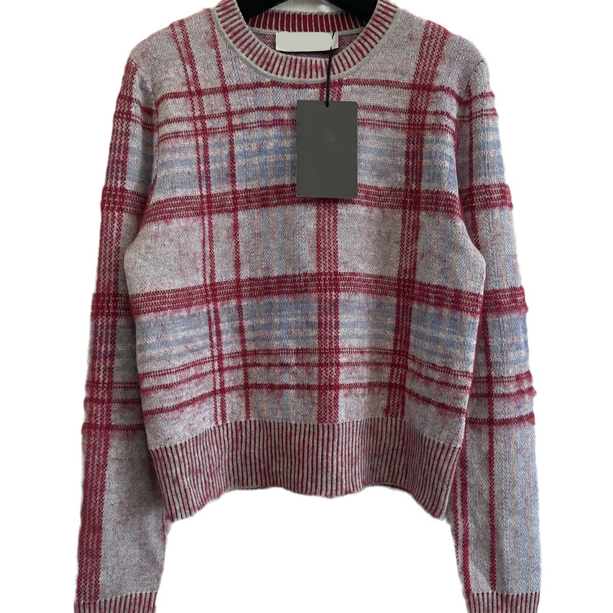 Women Fashion Temperament Plaid Embroidery Decoration Long Sleeve Knitted Pullover Sweater