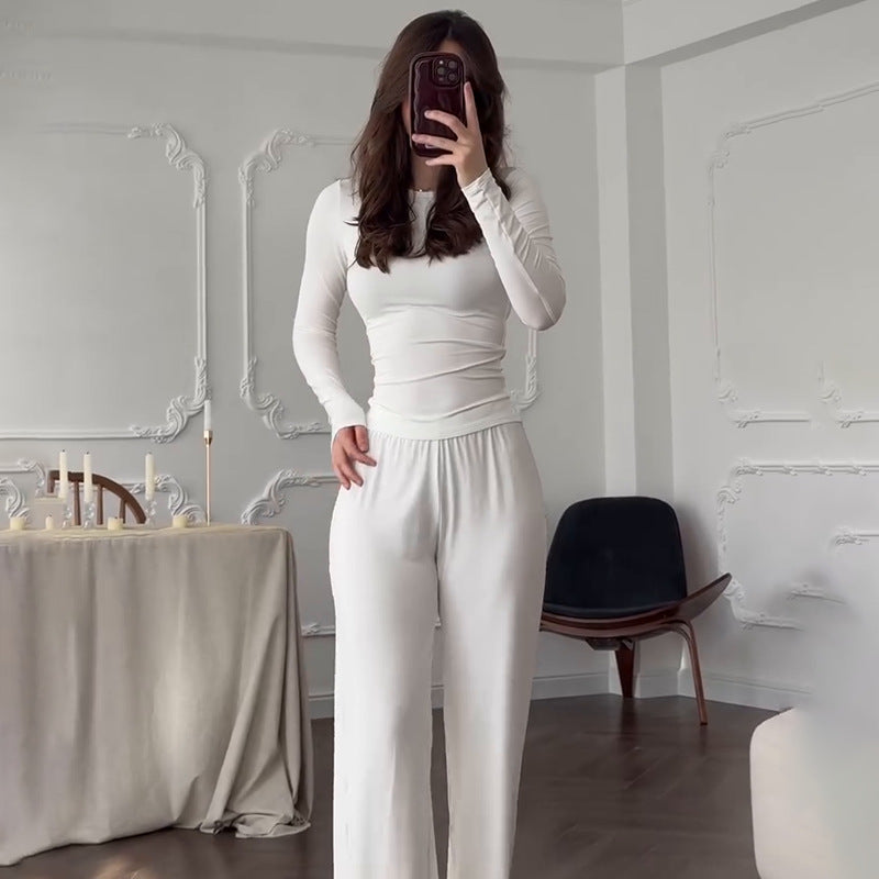 Fashionable Style Round Neck Solid Color Wide Leg Pants Elegant Commute Fashion Set