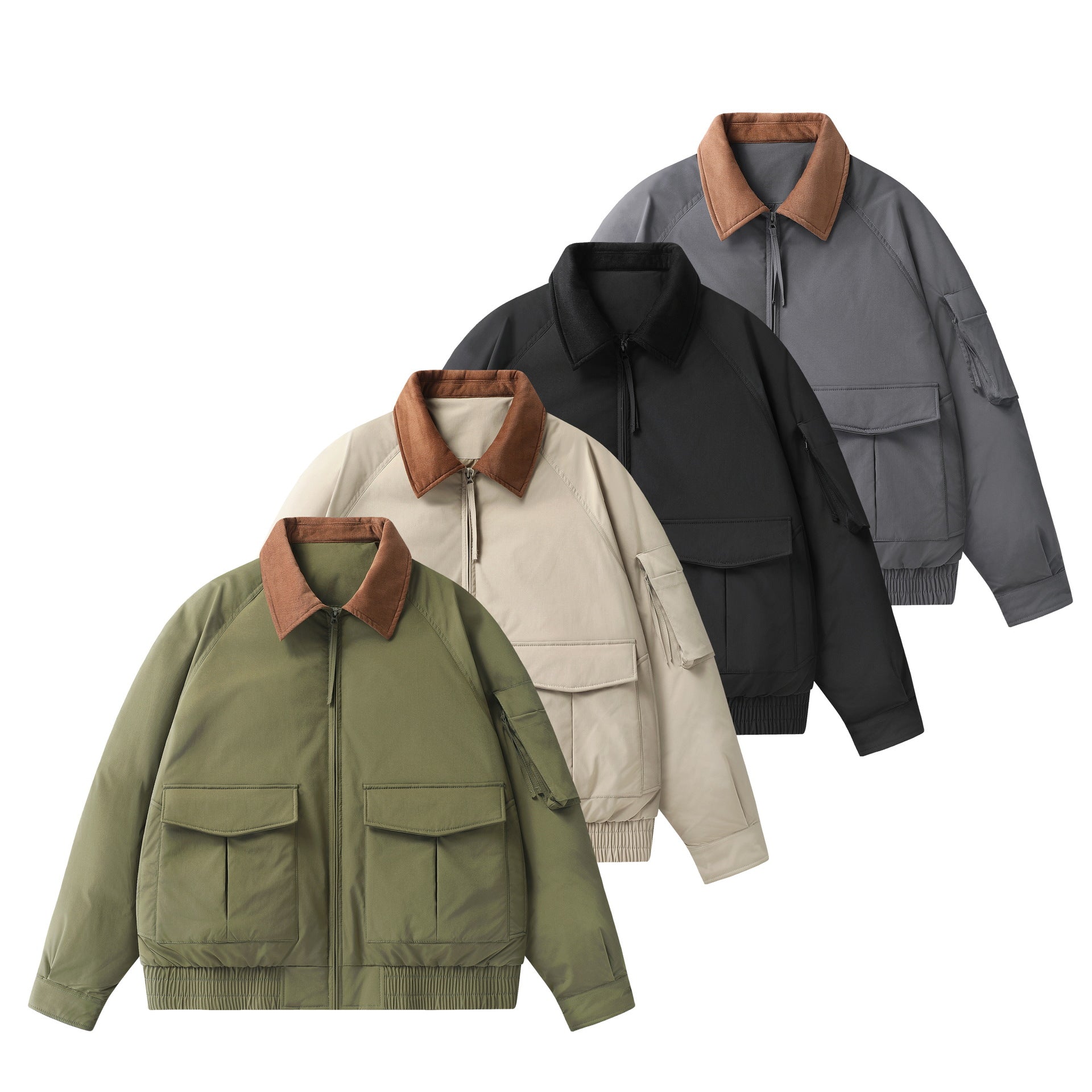 Down Men's Zippered Turn-down Collar Utility Down Jacket